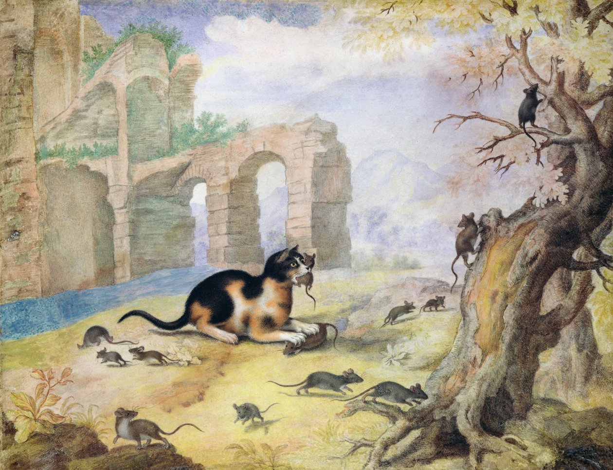 猫在风景中杀死老鼠（笔和墨水在纸上洗） 作者 戈特弗里德·心思