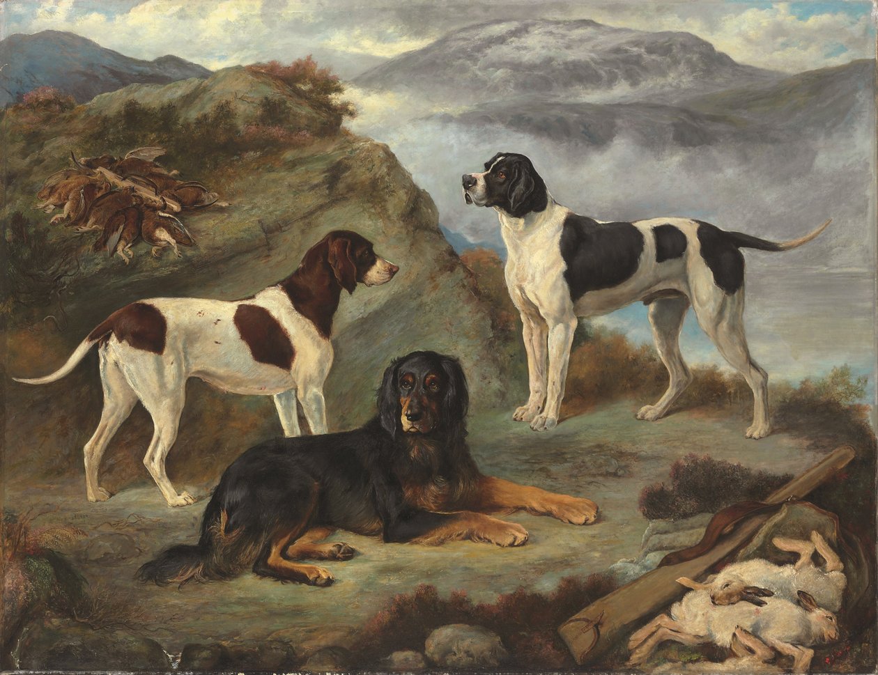 雪莉、兰杰和格伦，三只猎犬在风景中（布面油画） 作者 古尔莱斯蒂尔
