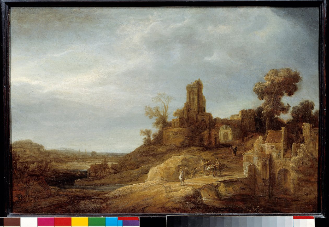 Govaert Flink (1615/1616-1660) 1637 年作画《桥上的风景和废墟》。 0,49x0,75 米 作者 戈瓦特·弗林克