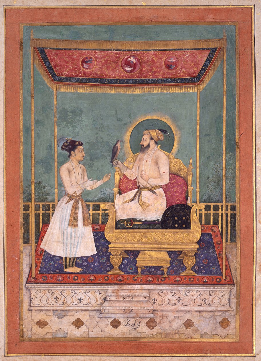 Shah Jahan和他的儿子Dara Shikoh一起登基，c。 1630-1640（纸上不透明的黄金和黄金） 作者 戈瓦尔丹