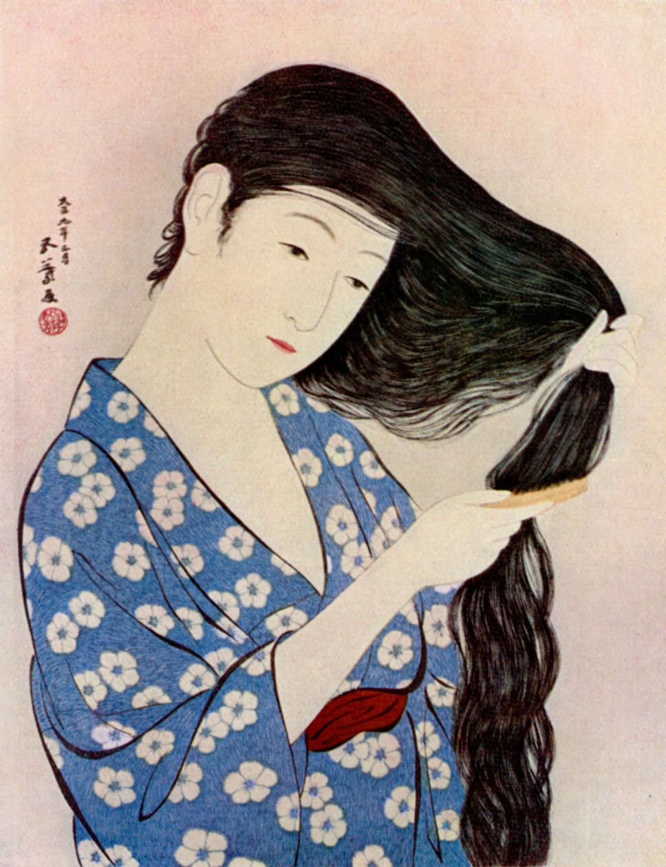 1920 1930年，日本女人梳理头发。 作者 桥口吾代