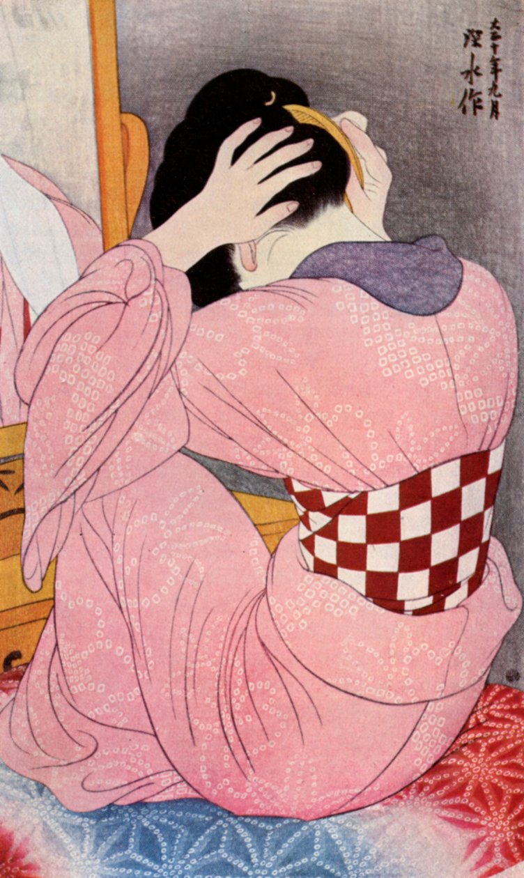 1920年代1930年，一名日本妇女为她的头发梳头。 作者 桥口吾代