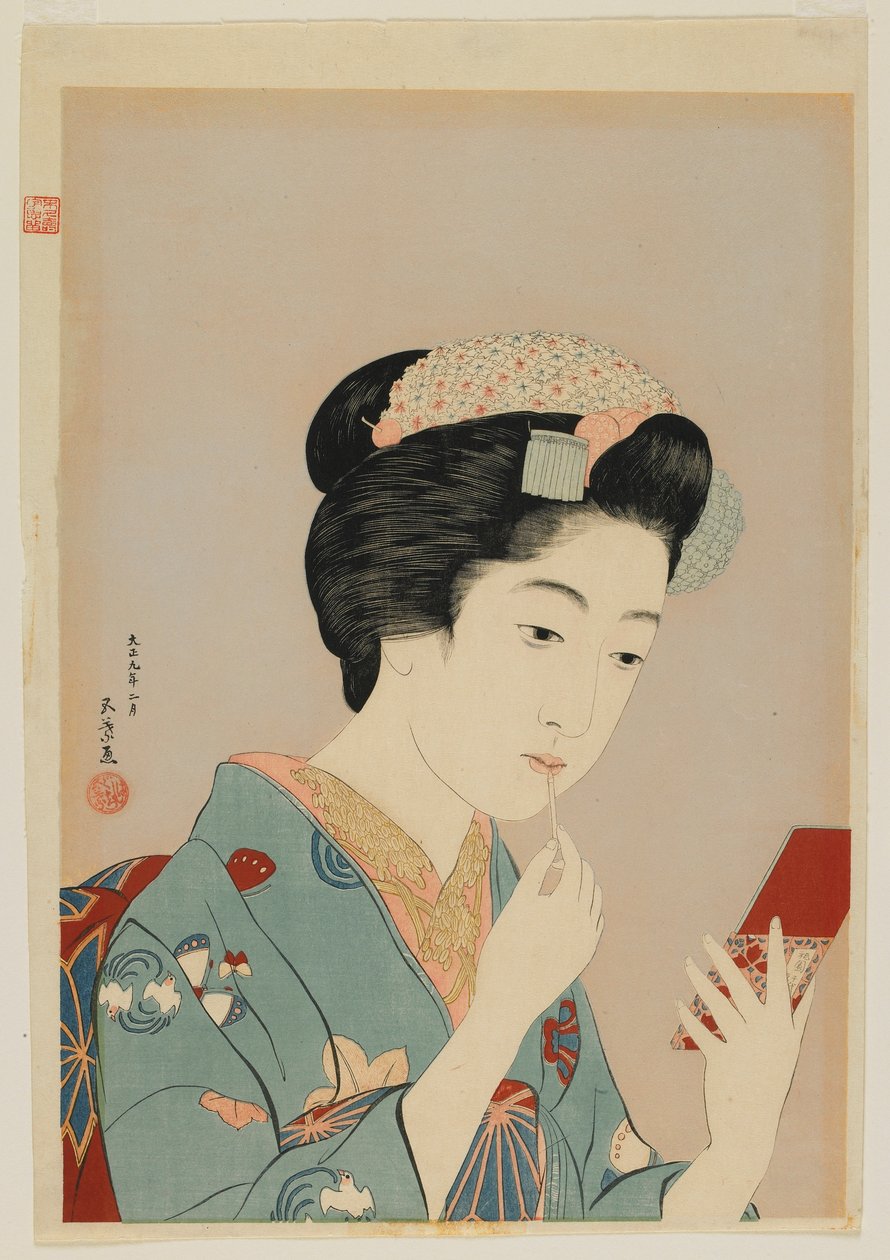 女人应用唇胭脂，大正时代，1920年2月（彩色木版画） 作者 桥口吾代