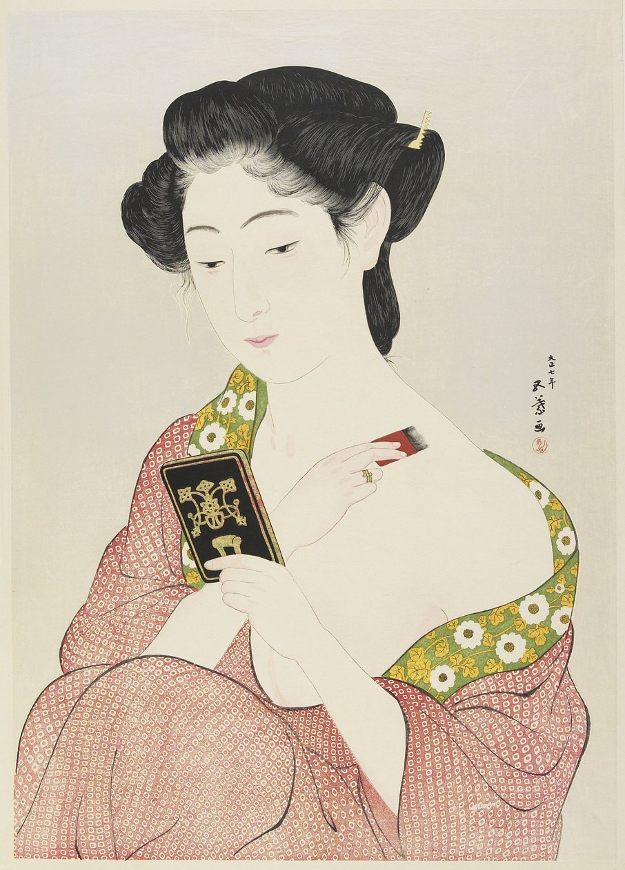 应用化妆的妇女，1918年 作者 桥口吾代