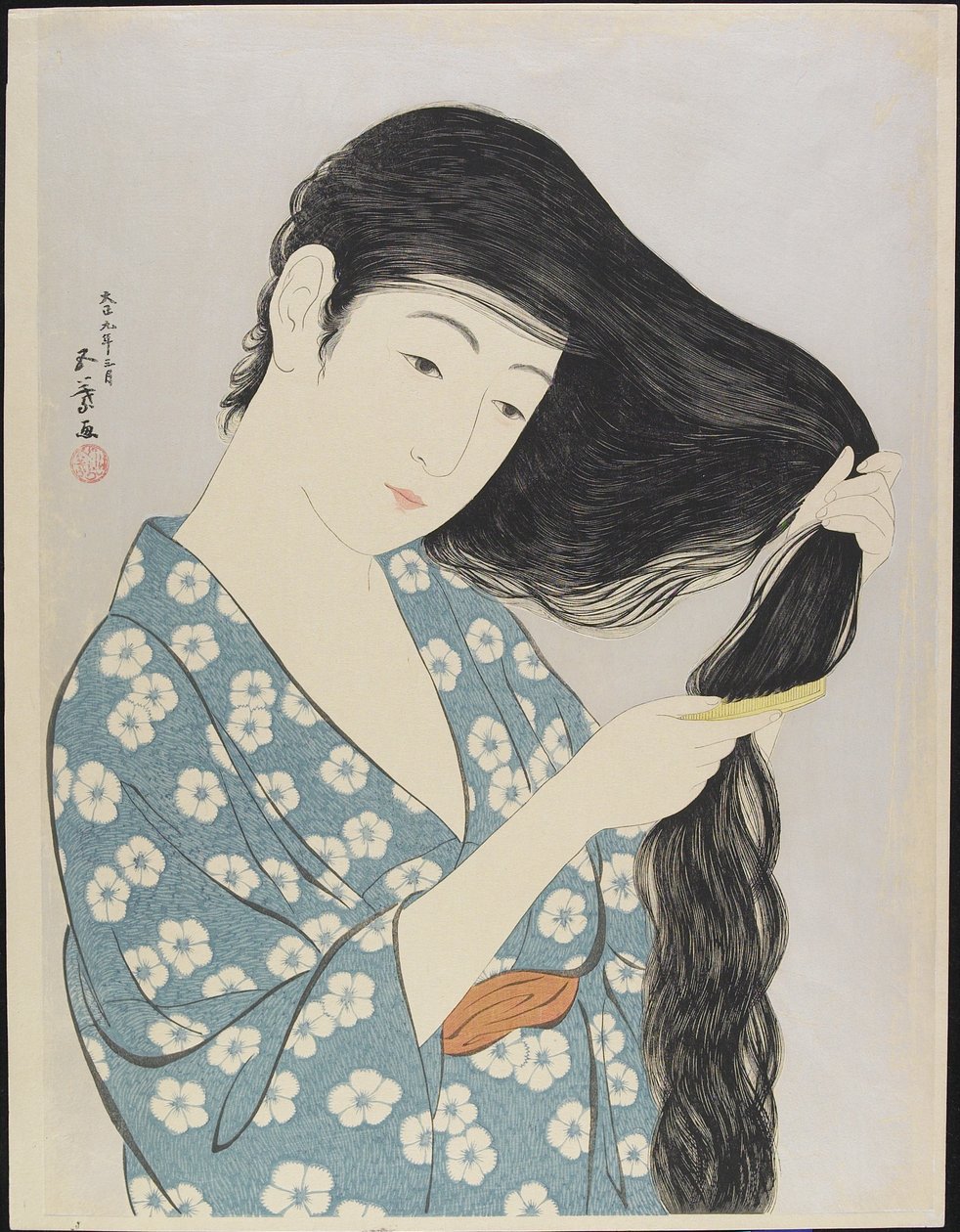 女人梳理她的头发，1929年3月 作者 桥口吾代