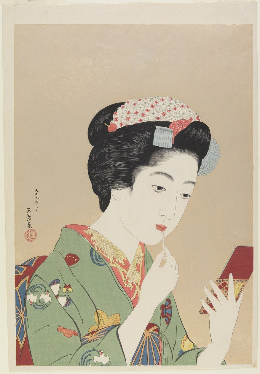 女人拿着唇刷，1919年2月 作者 桥口吾代