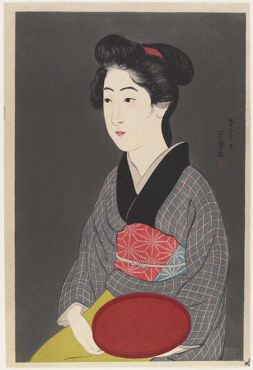 拿着盘子的妇女，1920年 作者 桥口吾代