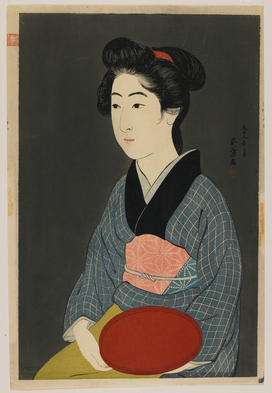 女人拿着一个托盘，大正时代，1920年1月（彩色木版画） 作者 桥口吾代
