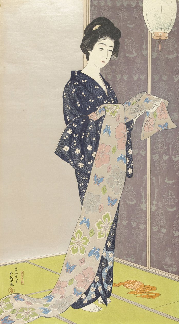 夏季和服的年轻女子，1920年（彩色木刻） 作者 桥口吾代