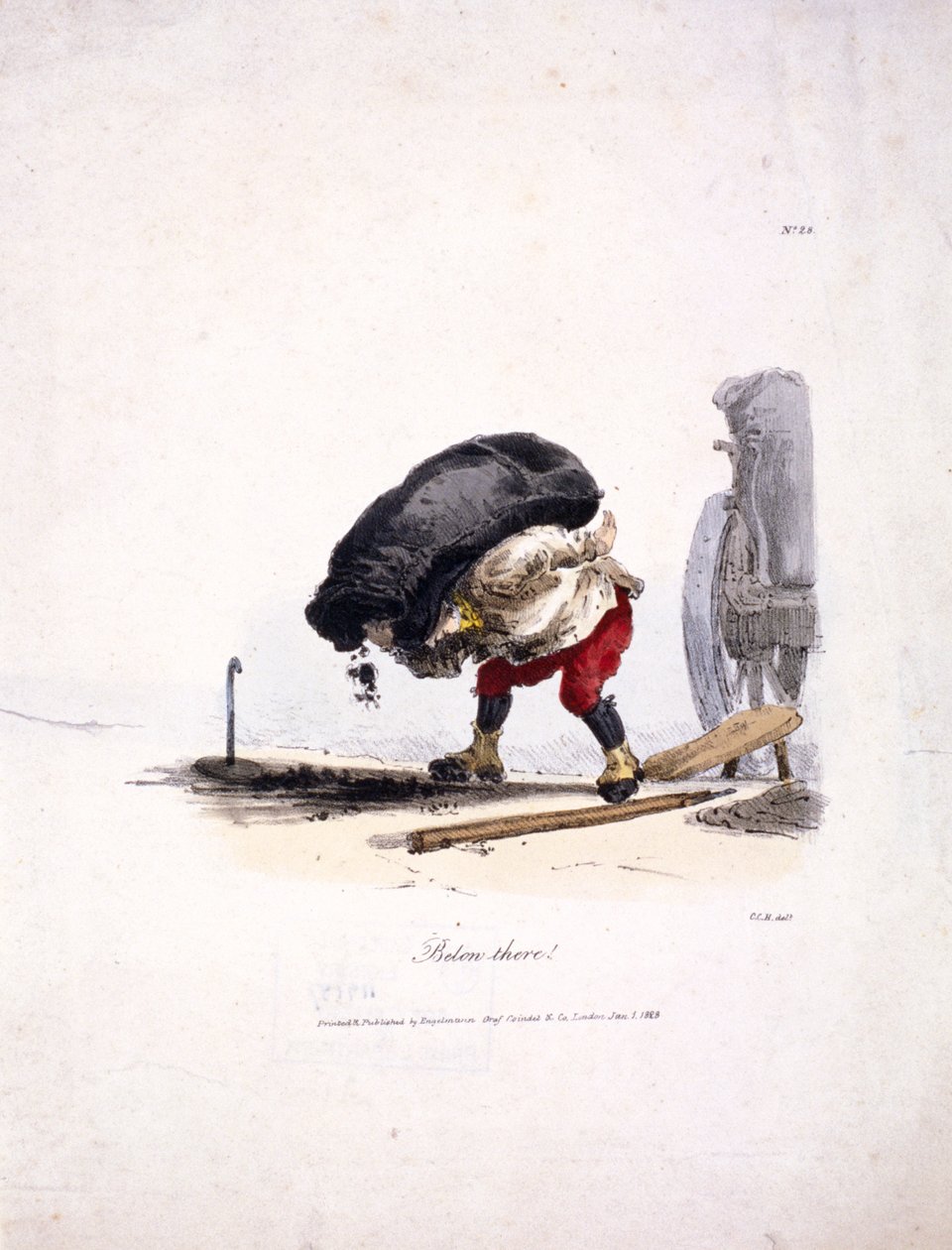 一个煤工从他的车上卸下一袋沉重的煤的场景，1828年 作者 Count Engelmann Coondet and Company