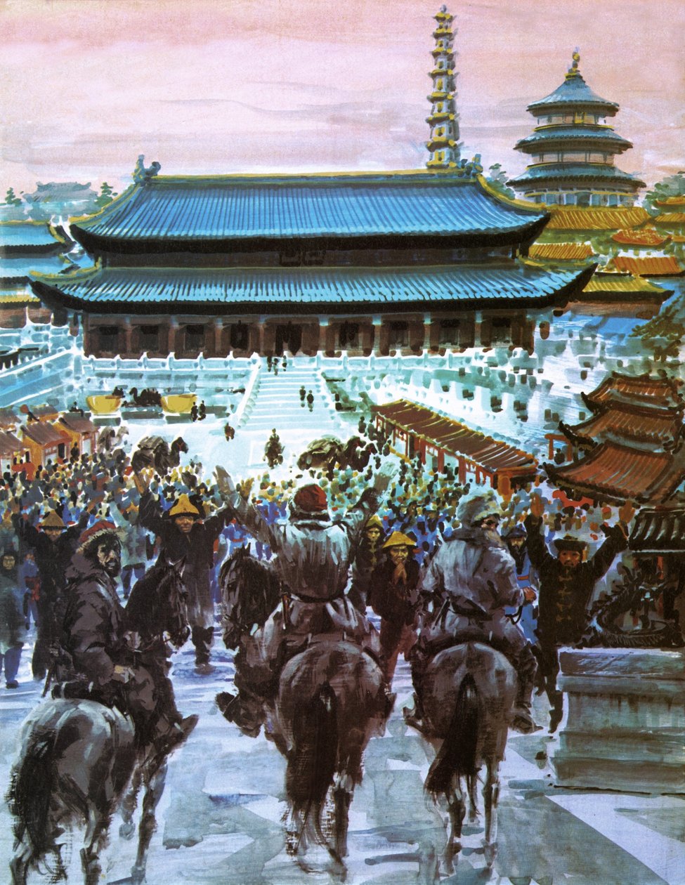 马可-波罗与他的父亲和叔叔走近大汗的宫殿，20 世纪（石版画） 作者 格雷厄姆·科顿