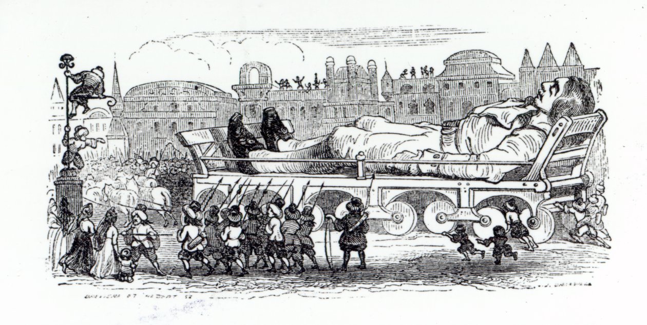 格列佛被运往Lilliputian首府，1838年Jonathan Swift的“Gulliver&39;s Travels”中的插图 作者 格兰维尔