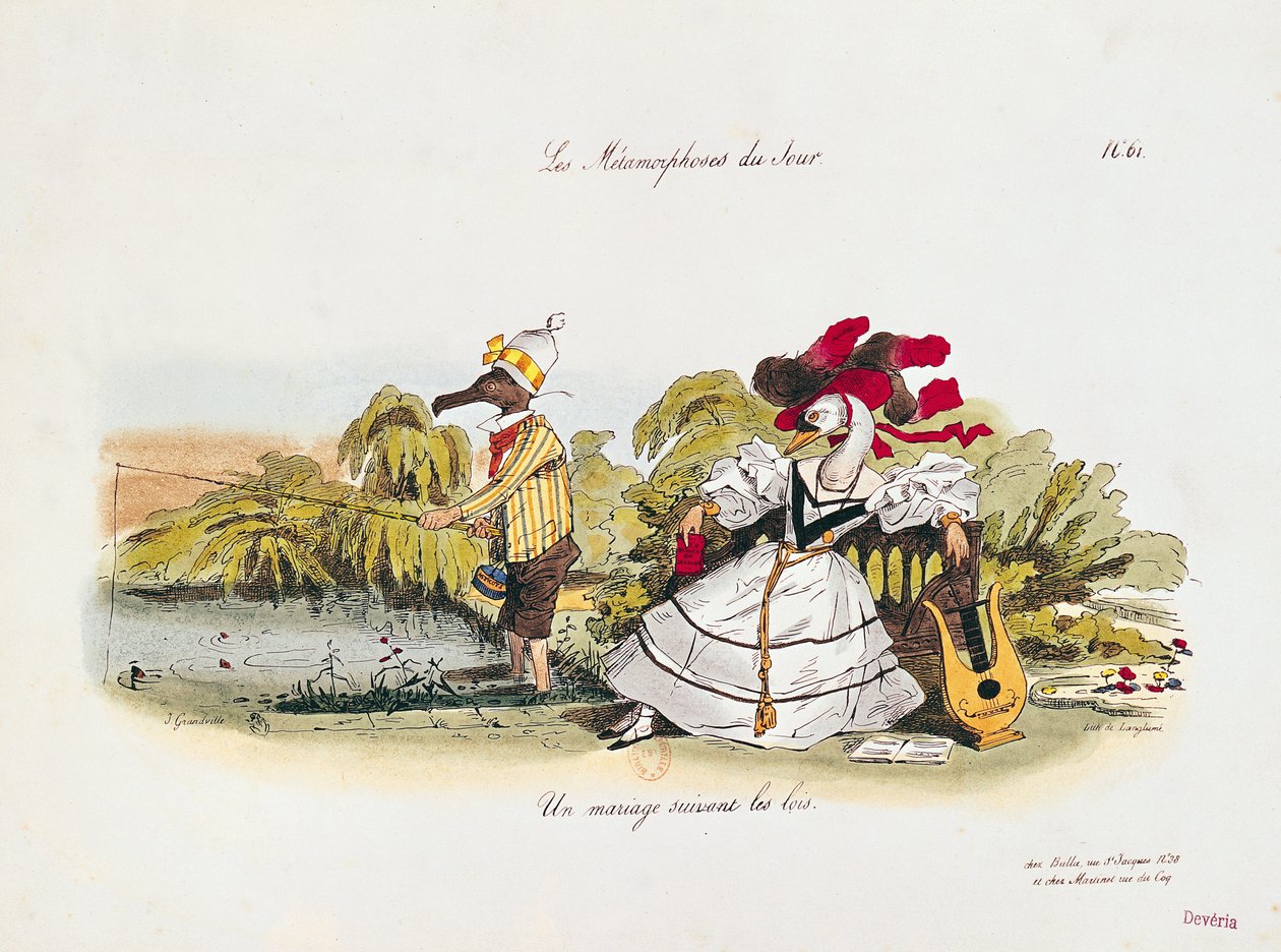书中的婚姻，来自&39;Les Metamorphoses du Jour&39;系列的漫画，由G. Langlume（1822-40）雕刻（另见177458） 作者 格兰维尔