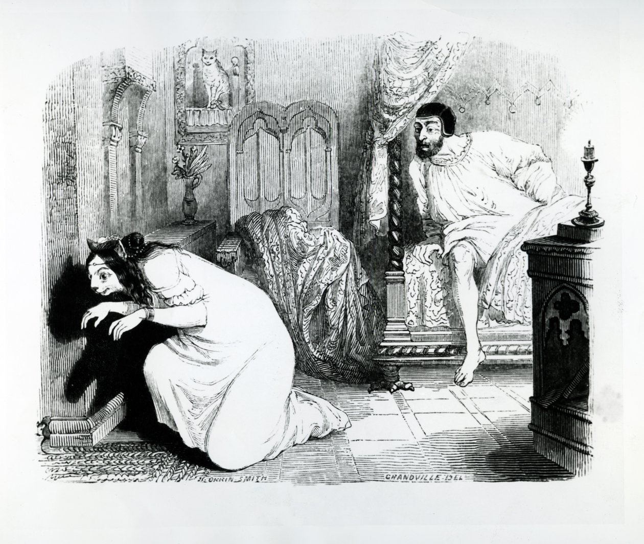 猫变成了一个女人，为La Fontaine的“寓言”插图，由H. Fournier Aine出版，1838年 作者 格兰维尔
