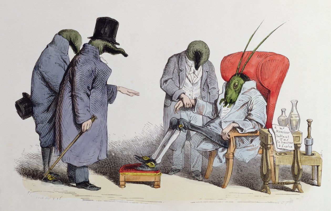 水蛭医生，漫画来自&39;Les Metamorphoses du Jour&39;，1854年 作者 格兰维尔