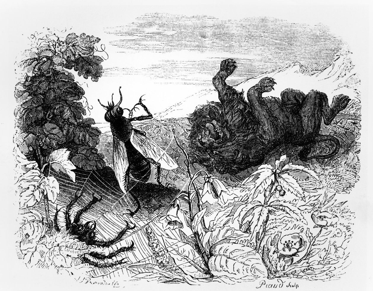 狮子和G，“La Fontaine的寓言”的插图，由H. Fournier Aine出版，1838年 作者 格兰维尔