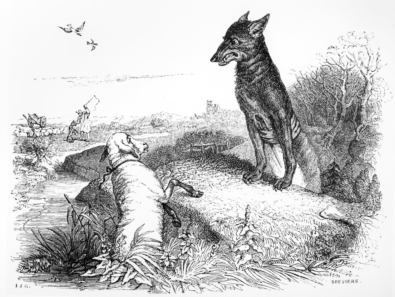 狼与羔羊，La Fontaine的“寓言”插图，由H. Fournier Aine出版，1838年 作者 格兰维尔