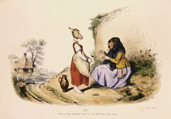 猫头鹰给驴子算命》，来自《每日变形记》系列的漫画，1854年再版（彩色版画）。 作者 格兰维尔