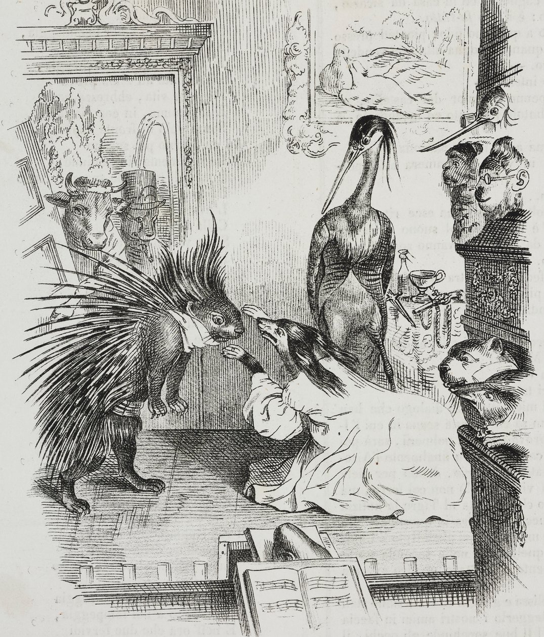 狗和豪猪，让-雅克-格兰德维尔（1803-1847）的漫画，乔瓦尼-马里亚尼的石版画，来自Poliorama Pittoresco, n 38, April 30 作者 格兰维尔