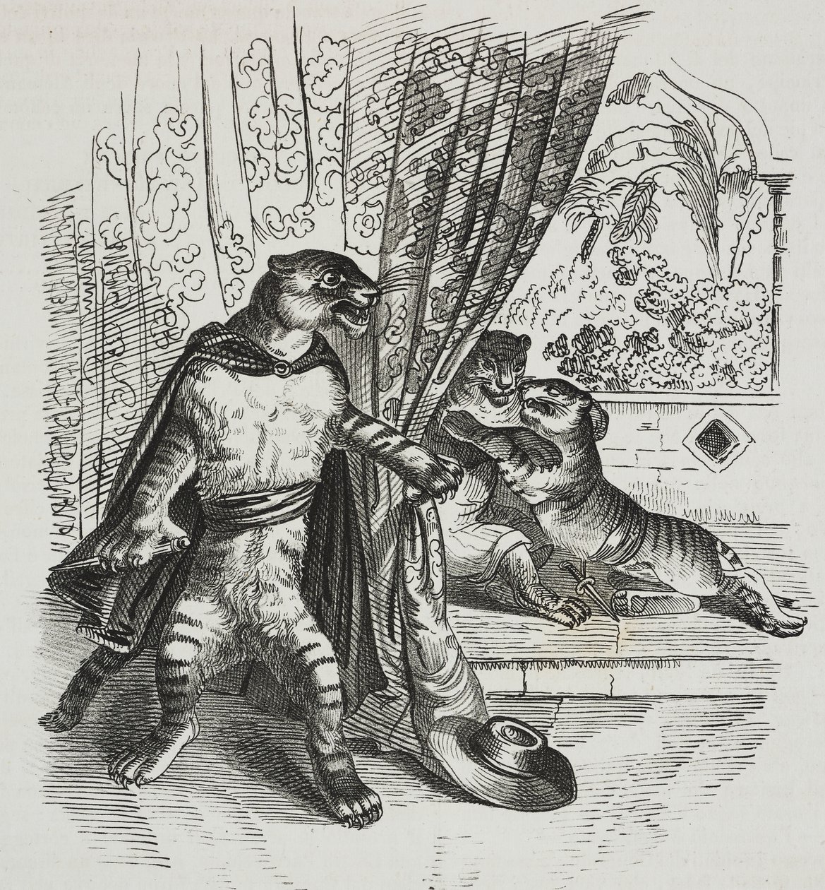 老虎带着匕首前进，让-雅克-格兰德维尔（1803-1847）的漫画，盖塔诺-里奇奥的石版画，来自Poliorama Pittoresco, n 39, May 7 作者 格兰维尔