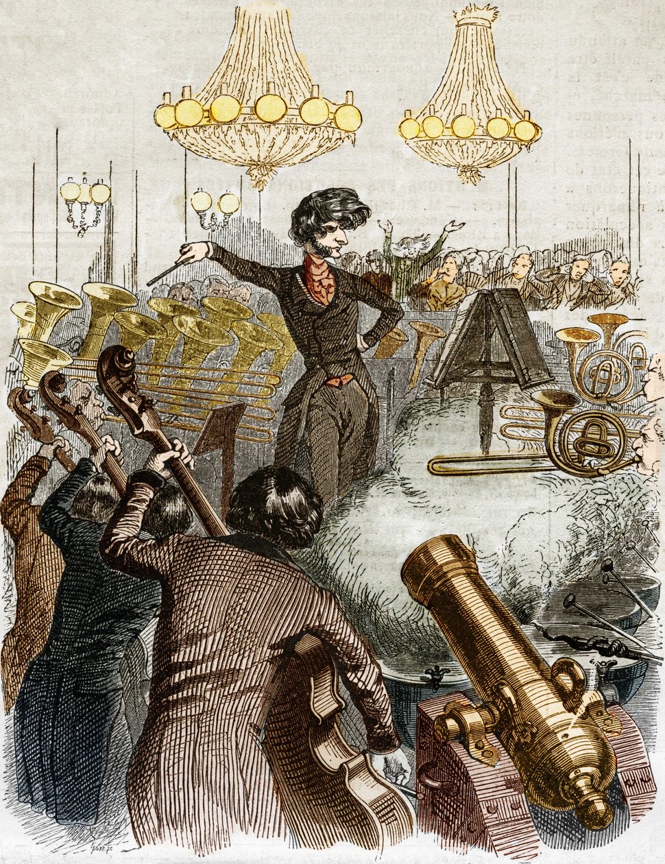 A concert has a machine gun. Cartoon by Hector Berlioz conducting an orchestra. In “” Jerome Paturot in search of a social position”” illustrated by Grandville. 作者 格兰维尔