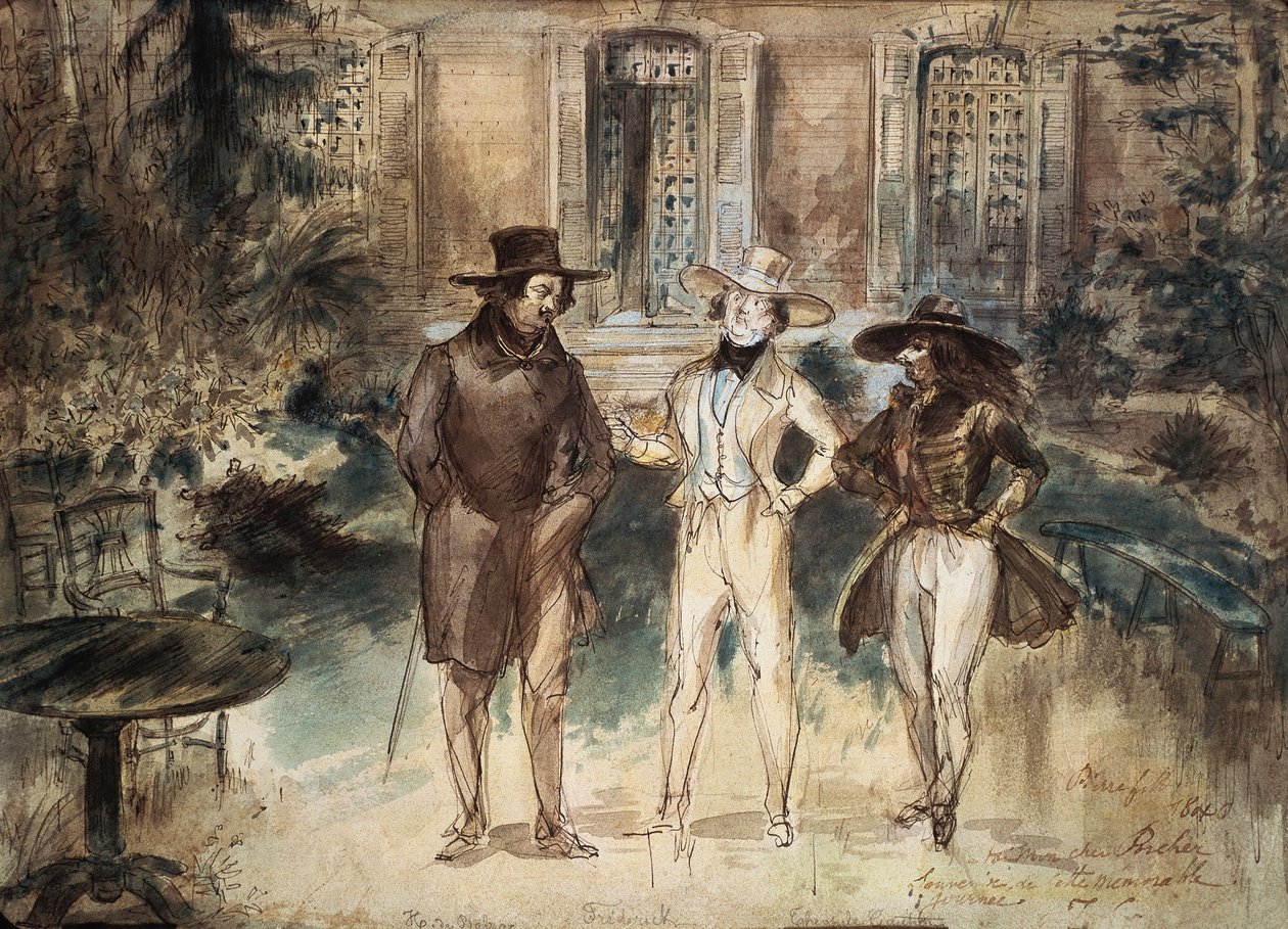 Karikatur Honore de Balzac, Frederick Lemaitre dan Theophile Gautier oleh Gerard Granville 作者 格兰维尔