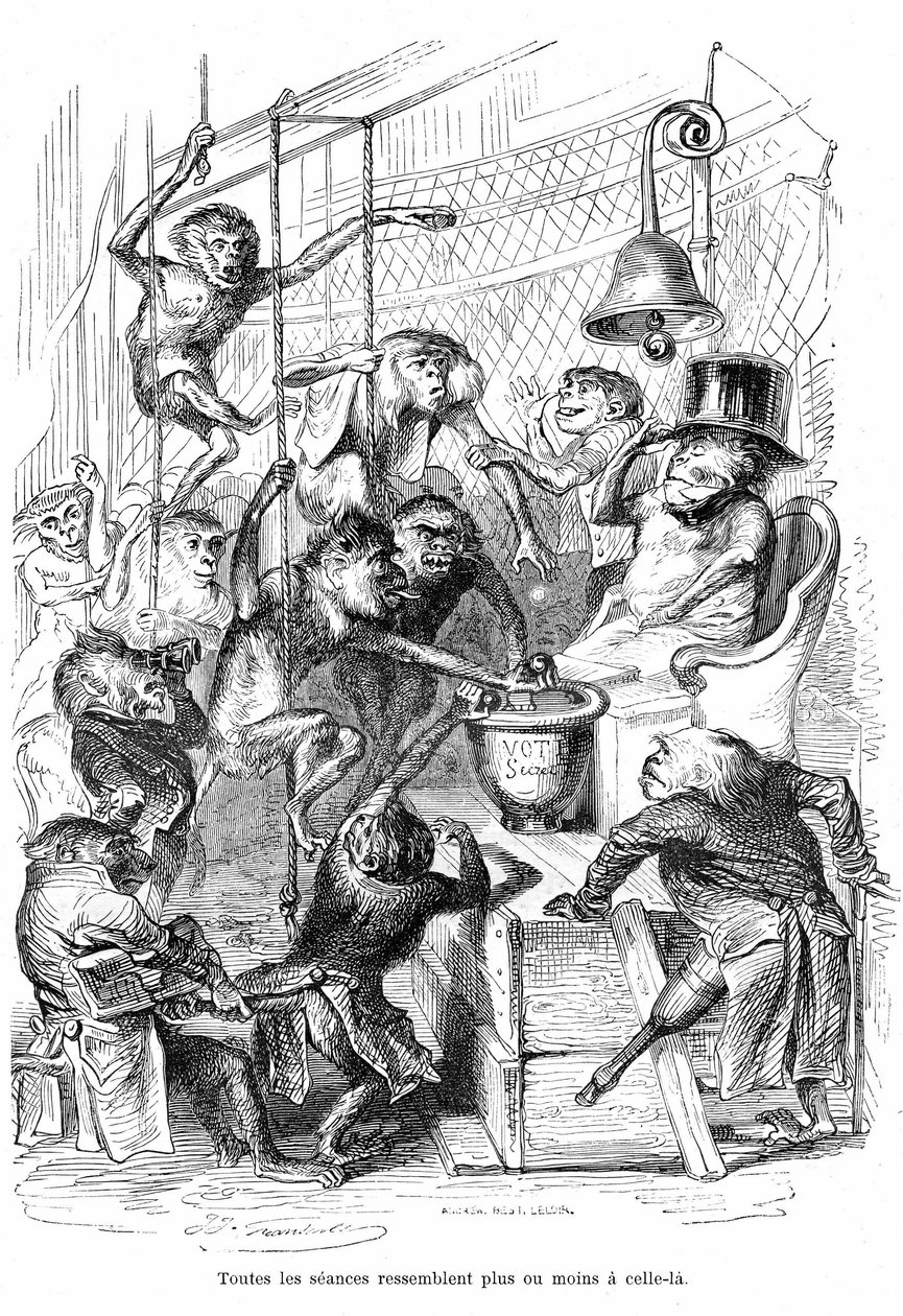 漫画：La Chambre des Deputes vue comme un Palais des Monpes - 格兰德维尔的版画，摘自《动物的私人和公共生活》一书，1867 年赫策尔版，第 566 页 - 题为 "吉拉的石碑 "的章节。 作者 格兰维尔 (1803-47)