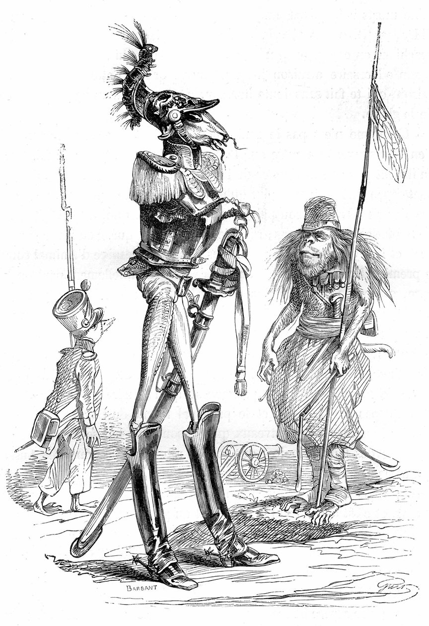 动物漫画--士兵：格兰德维尔版画，摘自《动物的私人和公共生活》一书（"Les animaux ints par eux memes"），赫策尔版，1867 年，第 561 页--"长颈鹿的石碑 "一章，作者查尔斯-诺迪埃。摘自 作者 格兰维尔 (1803-47)