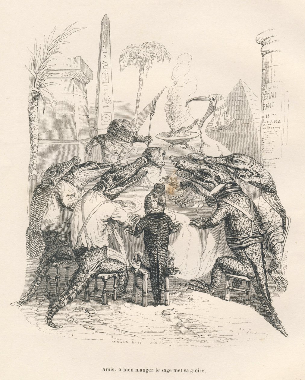 在埃及，鳄鱼围着一张桌子。JJ Granville的插图小品。在Emile de La Bedolliere撰写的 "Scenes de la vie privee et publique des animaux "中题为 "Memoires d