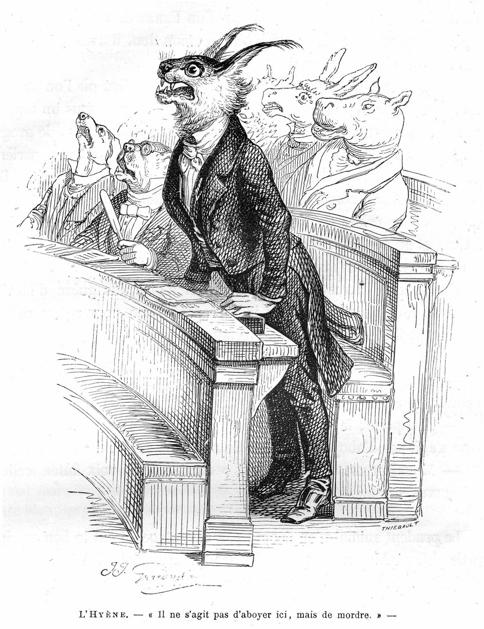 格朗德维尔版画，摘自《动物的私人和公共生活》（Les animaux ints par them memes）一书，1867 年版，赫策尔（Hetzel） - 人类政治集会漫画 - 在各种动物（狗、驴、河马......）占据的旅行车中，有一只鬣狗 作者 格兰维尔 (1803-47)