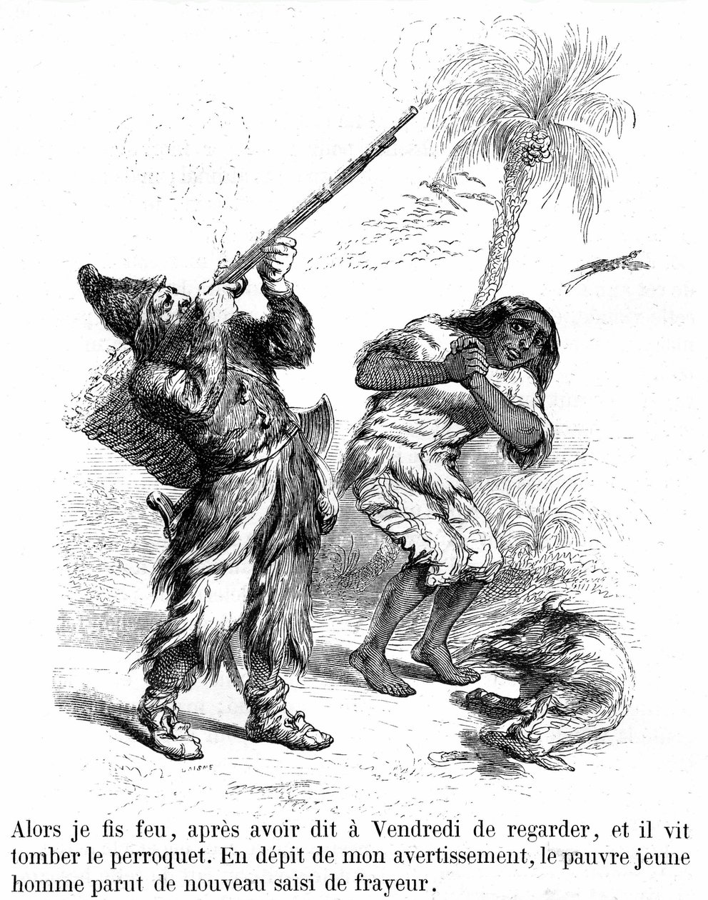 格兰维尔所著丹尼尔-德-福（DeFoe）的小说《鲁滨逊漂流记》的插图--1869 年加尼耶版，第 193 页。鲁滨逊在 "星期五 "前用步枪射击。 作者 格兰维尔 (1803-47)