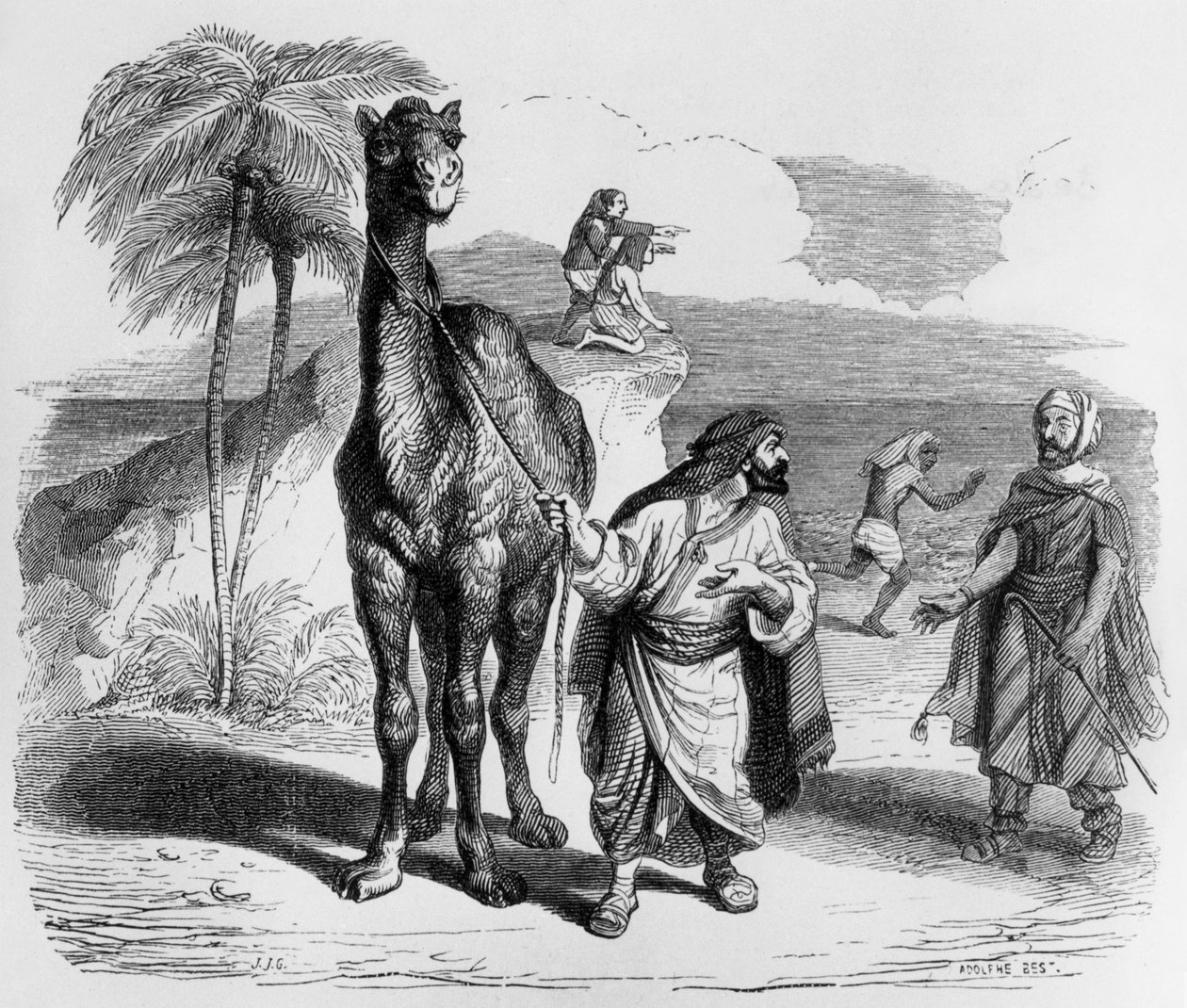 拉封丹寓言：骆驼和浮棍》，J.J. Grandville 版画，约 1838-40 年 作者 格兰维尔 (1803-47)