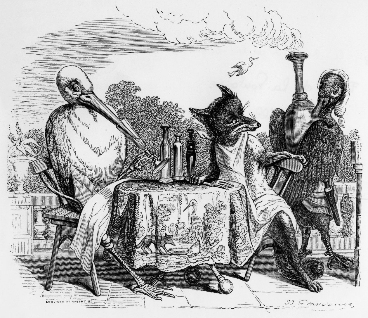 拉封丹寓言（让-德-拉封丹著）：狐狸和鹳鸟，J.J. Grandville 版画，约 1838-40 年 作者 格兰维尔 (1803-47)