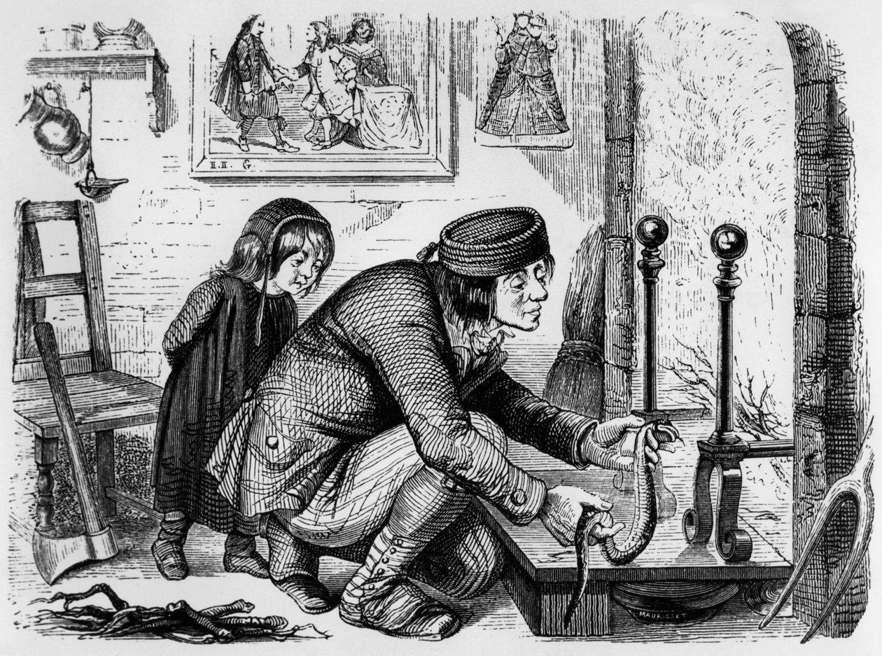 拉封丹寓言：农夫与毒蛇》，J.J. Grandville 版画，约 1838-40 年 作者 格兰维尔 (1803-47)