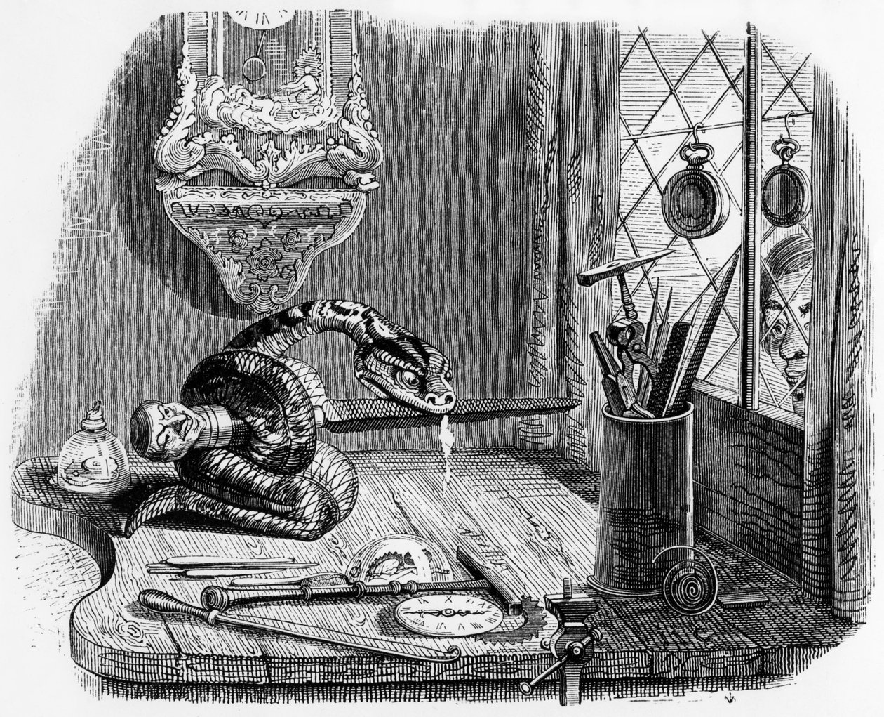 拉封丹寓言（让-德-拉封丹著）：蛇与锉刀，J.J. Grandville 版画，约 1838-40 年 作者 格兰维尔 (1803-47)