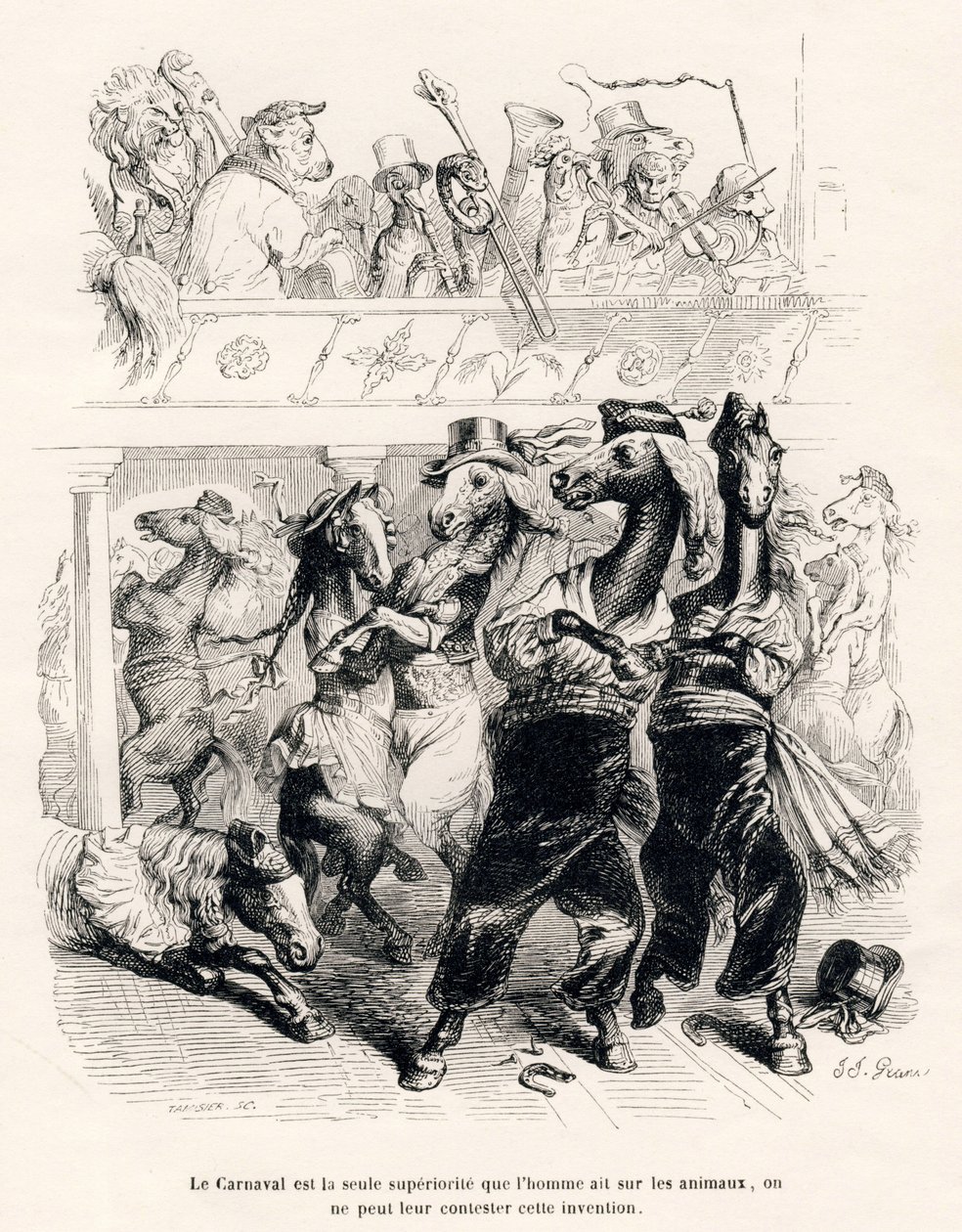 马匹的狂欢节。由JJ-格兰维尔绘制的小插图。由Honore de Balzac在 "Scenes de la vie privee et publique des animaux "中撰写的题为 "Voyage d