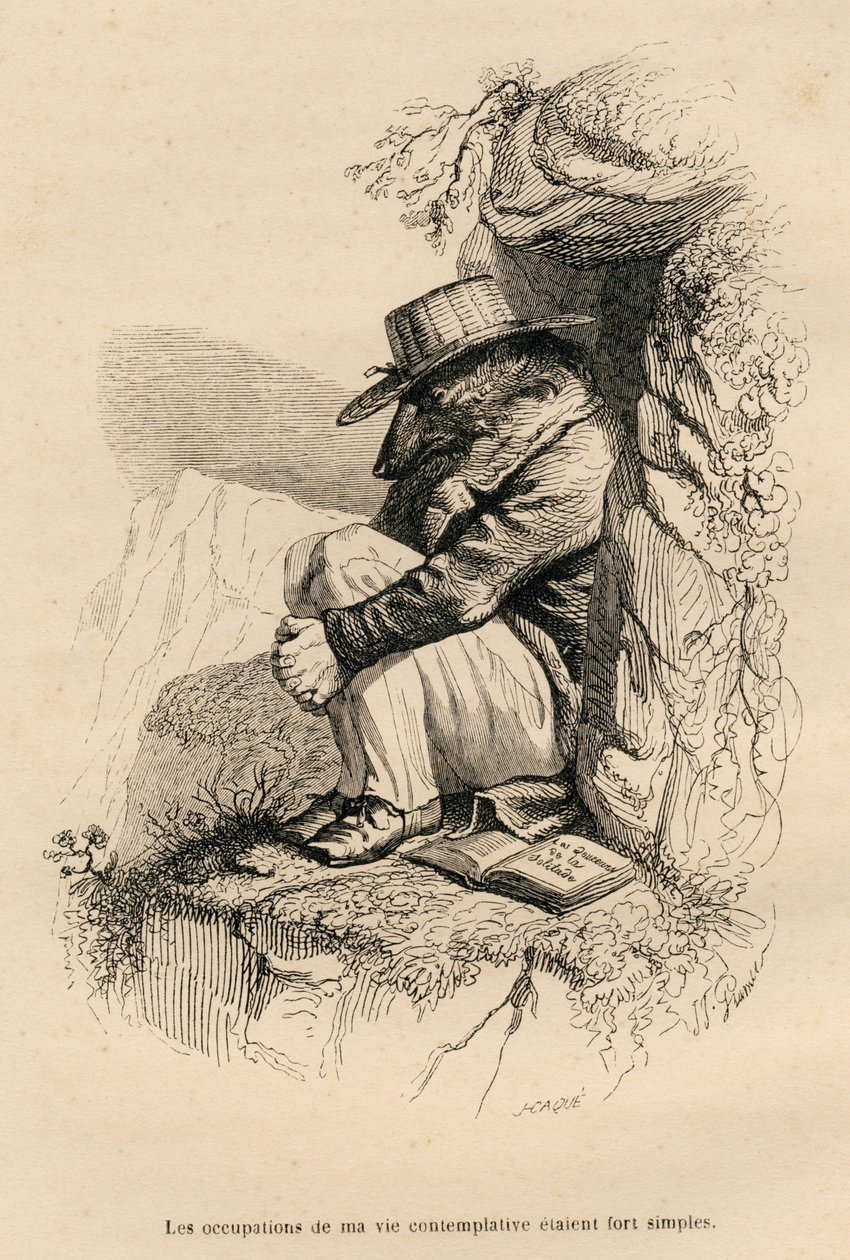 Loup retranche dans sa solitude contemplative.JJ Granville的插图小品。题为 "L