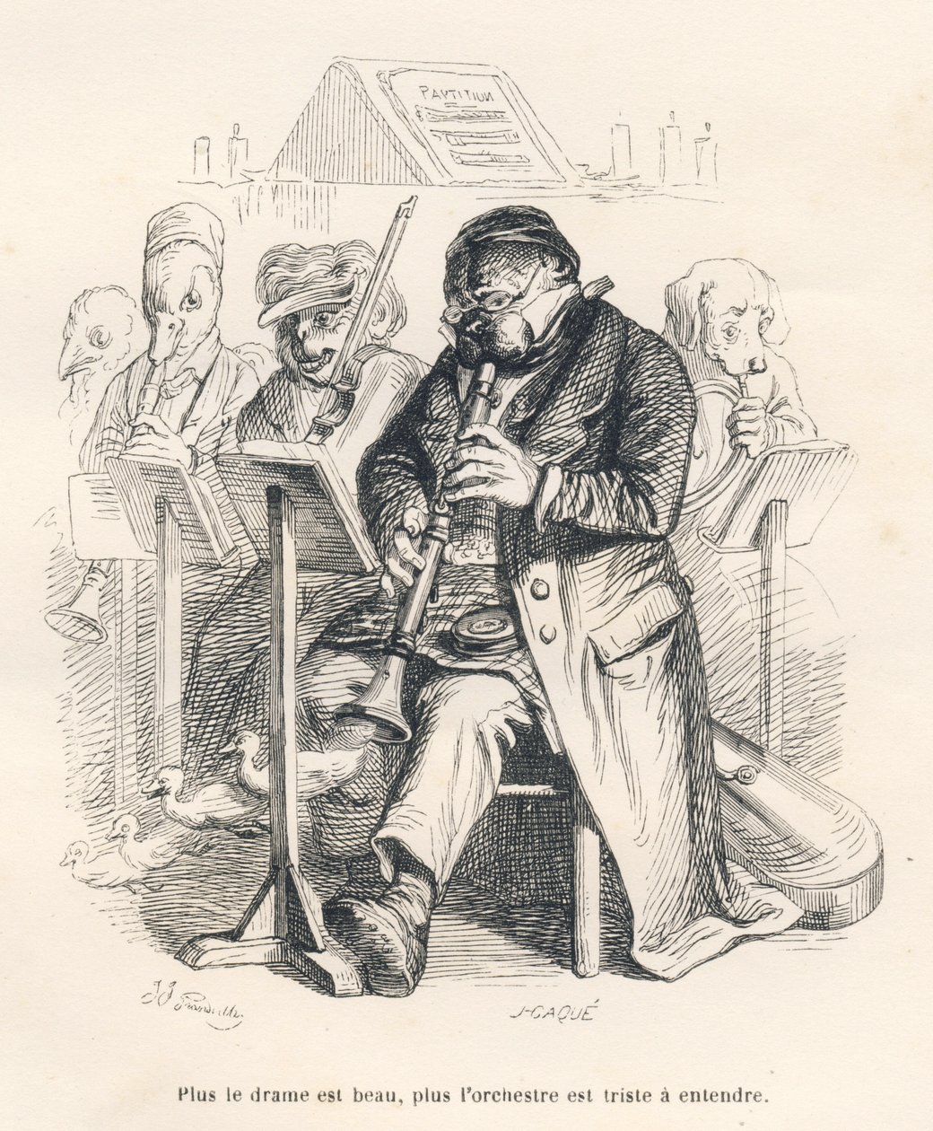 Orchestre avec un chien jouant de la flute avec des poussins sortant de l