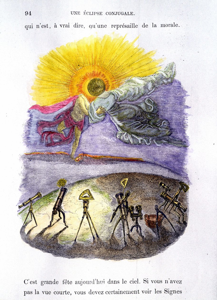 观察日食的人格化天文仪器（月亮和太阳接吻）--在格兰德维尔的《另一个世界》中 作者 格兰维尔