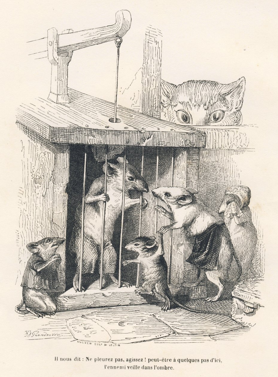 陷阱：猫看着老鼠来为被俘虏的人哭泣。JJ Granville的插图小品。题为 "Le rat philosophe "的雕版画，由爱德华-勒莫瓦在 "Scenes de la vie privee "中写道，署名为安德鲁、贝斯特和勒罗尔。 作者 格兰维尔