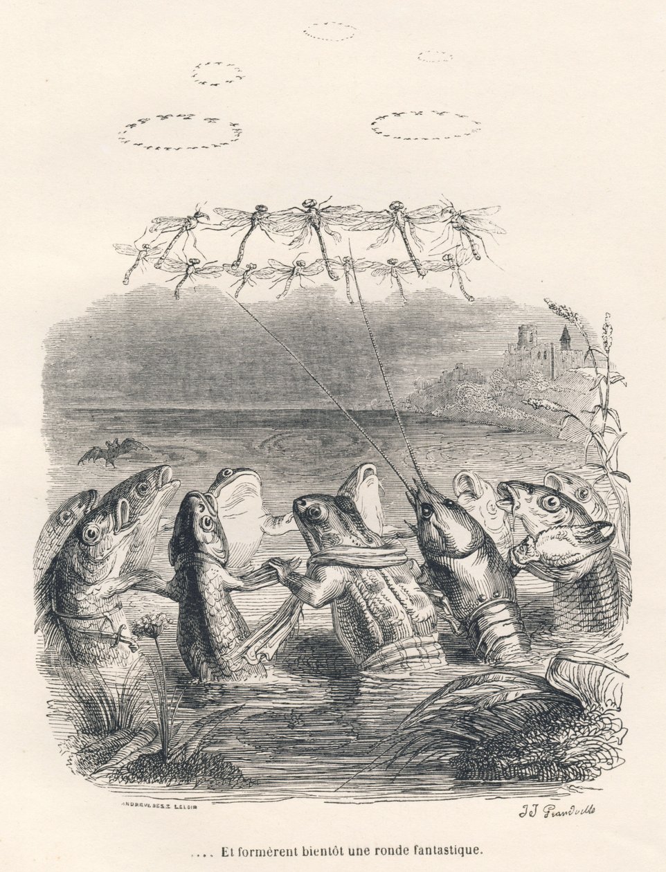 水上动物和蜻蜓的回合。JJ Granville的插图小品。在PJ Stahl撰写的 "Scenes de la vie privee et publique des animaux "中题为 "Souvenirs d