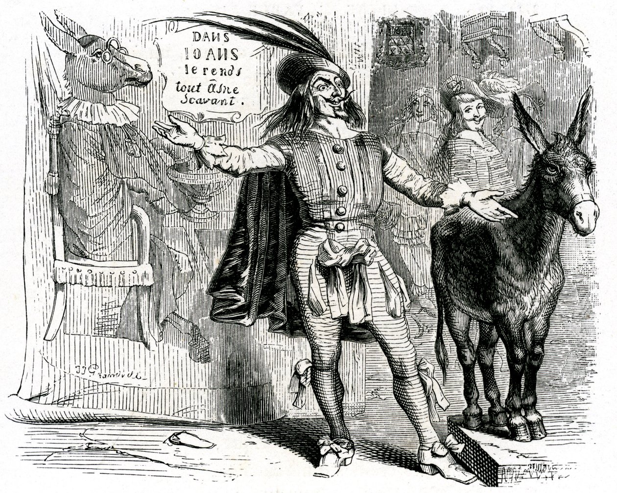 江湖骗子拉封丹寓言，格兰维尔插图。1860 年加尼耶版。这个船长让每头驴子都成为科学家。 作者 格兰维尔 (1803-47)