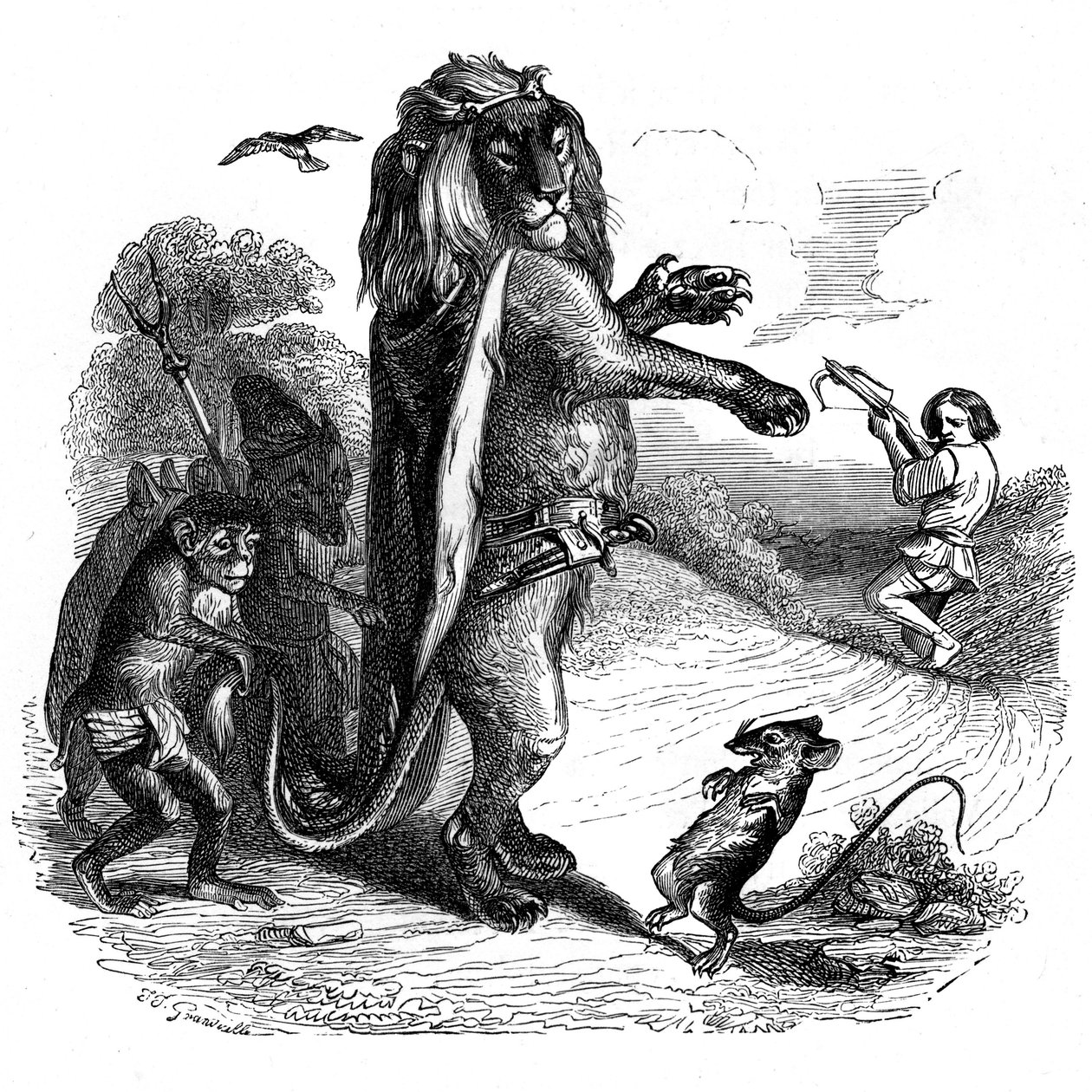 狮子和老鼠拉封丹寓言，格兰维尔插图。 作者 格兰维尔 (1803-47)