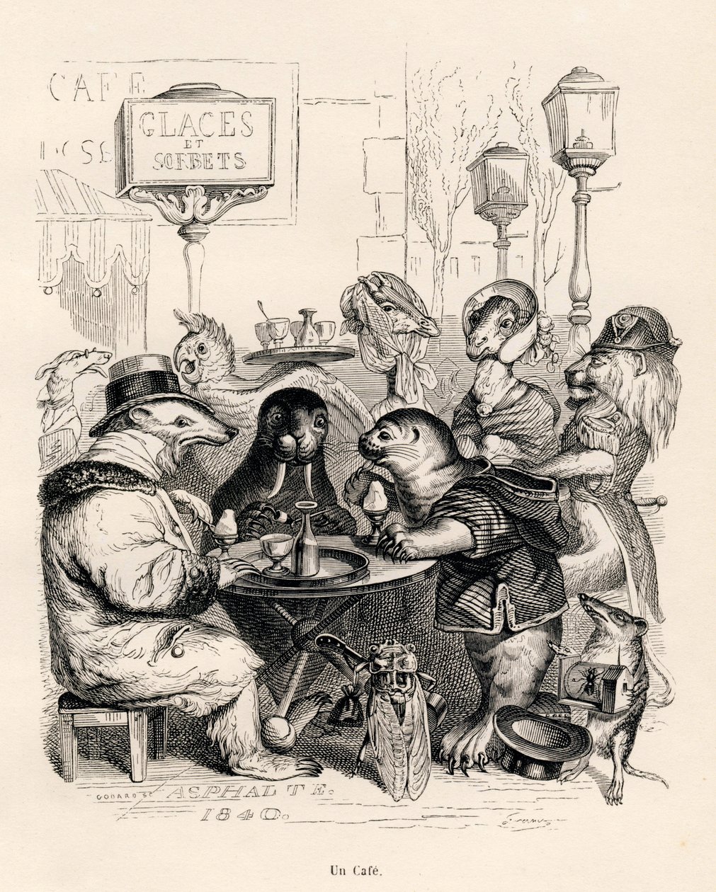 一家各种动物经常光顾的咖啡馆。JJ Granville的插图小品。由Honore de Balzac在 "Scenes de la vie privee et publique des animaux "中撰写的题为 "Voyage d