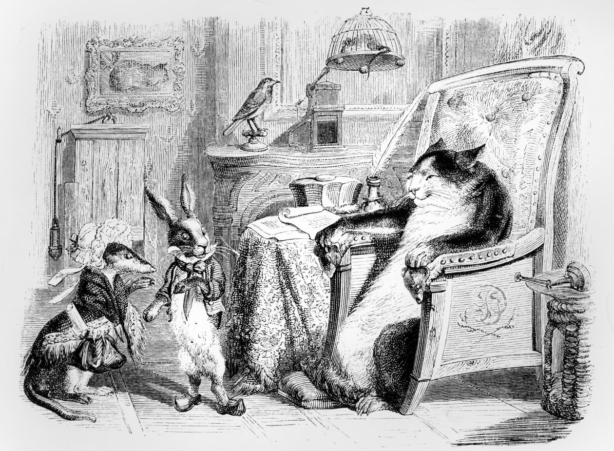 猫，黄鼠狼和小兔子，为La Fontaine（1621-95）的“寓言”插图，由H. Fournier Aine出版，1838年 作者 格兰维尔