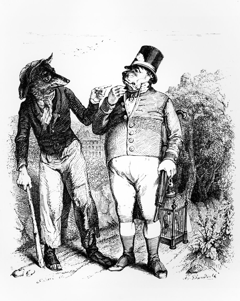 “狼与狼”，La Fontaine的“寓言”插图，由H. Fournier Aine出版，1838年 作者 格兰维尔