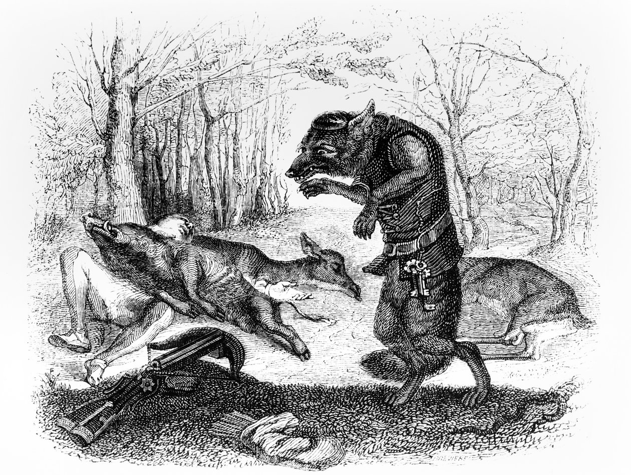 狼与猎人，La Fontaine的“寓言”插图，由H. Fournier Aine出版，1838年 作者 格兰维尔