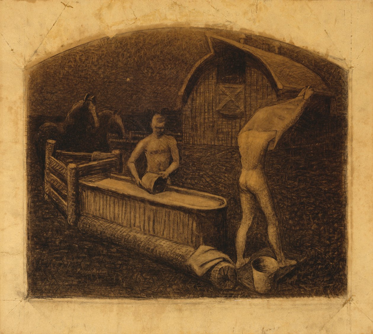 星期六晚上沐浴，1937年（纸上的木炭） 作者 格兰特·伍德