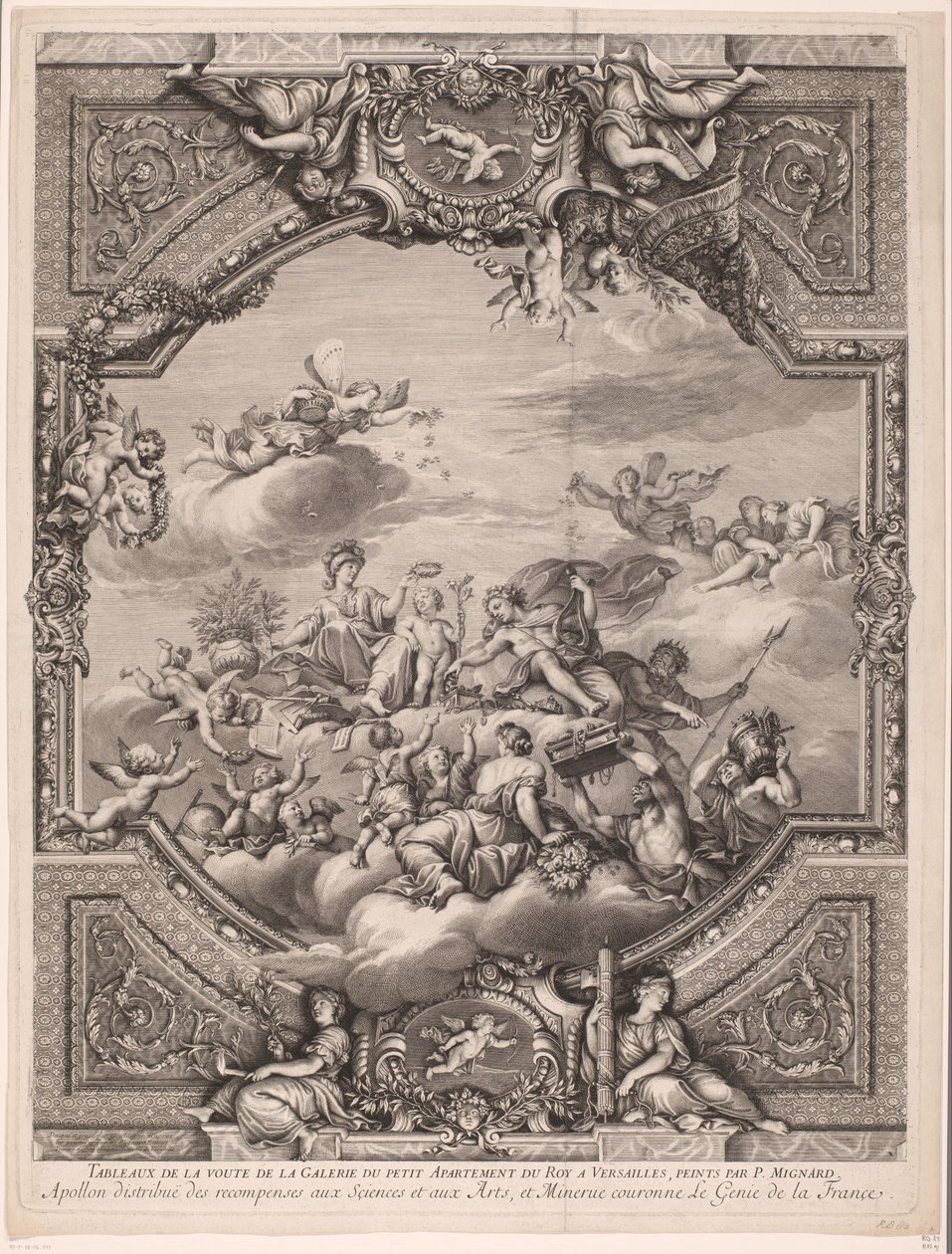 阿波罗分配奖赏，密涅瓦为法兰西的天才加冕
Apollon distirbuë des recompenses aux Sçiences et aux Arts, et Minerve couronne le Genie de la France（文物标题）
凡尔赛宫的天花板绘画（系列名称） 作者 杰拉德·奥德兰