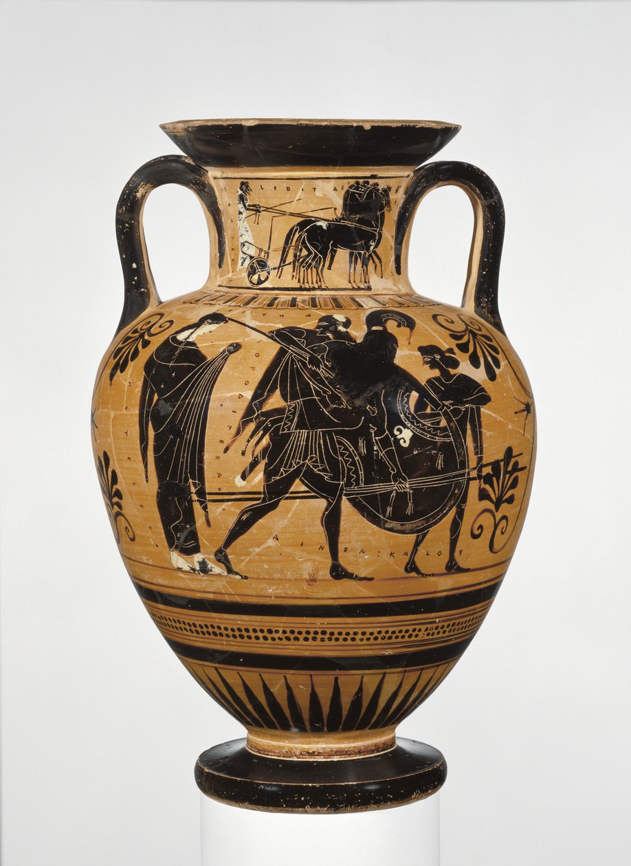 Athenian Attic黑色图形颈部双耳瓶显示特洛伊c.510 BC（兵马俑）的袋子 作者 希腊文